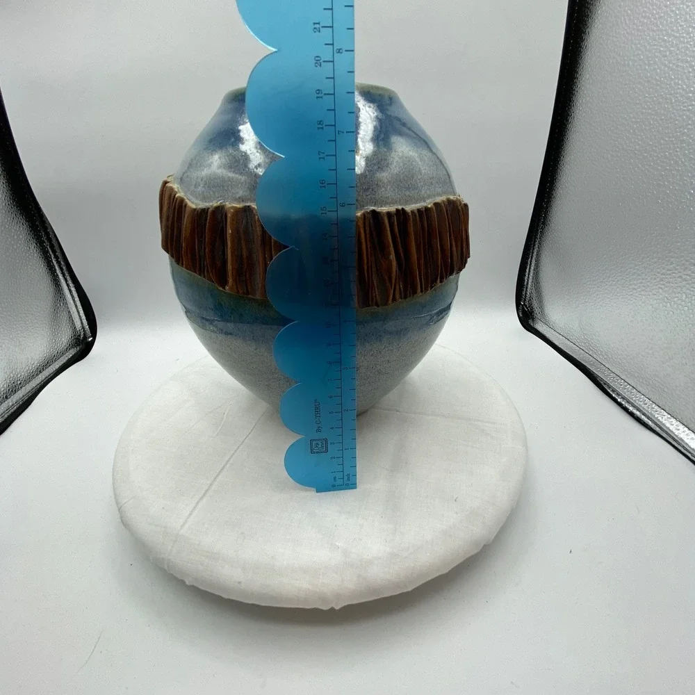 Studio Pottery Blue Speckled Globular Vase Textured Brown Band Artist Signed 8